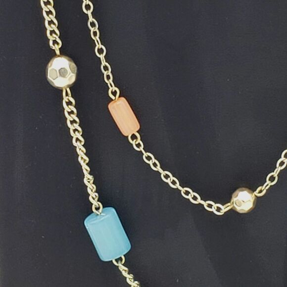 Gold Tone Satellite Cylinder Bead Necklace Blue Pink Green Gray Double Chain - Picture 5 of 12